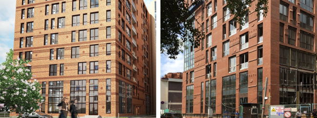 The project implemented by "DONSTROY". Malaya Pirogovskaya, 8. On the left: facades upon the project by "Group ABV". On the right: facade with arbitrarily self-produced elements of substandard quality installed in the wrong way, unapproved by "Group ABV"