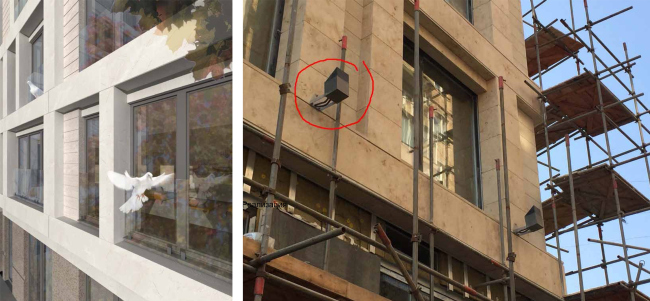 Smolensky Alley 19-21. On the left: fragment of the facade upon the project by "Group ABV".On the right: fragment of the facade with an arbitrarily installed spotlight unapproved by "Group ABV" and violating the aesthetics of the building.