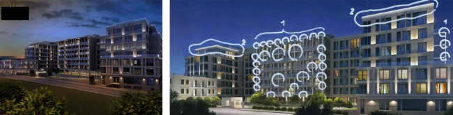 Smolensky Alley 19-21. On the left: backlighting concept upon the project by "Group ABV".On the right: unapproved backighting concept. Image courtesy by "Group ABV"