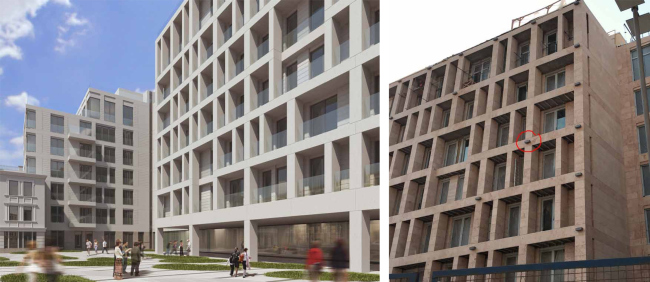 Smolensky Alley 19-21. On the left: facade upon the project by "Group ABV". On the right: the implemented facades with lements of arbitrarily chosen materials.Image courtesy by "Group ABV"