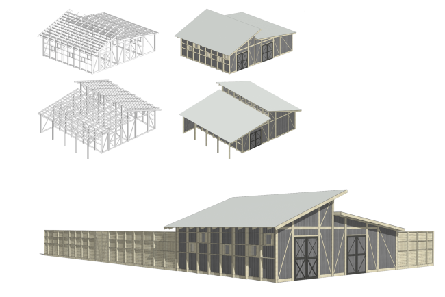 Кормовой сарай и сарай для техники. Аксонометрии и общий вид. Городская ферма на ВДНХ. 1 очередь © WOWhaus