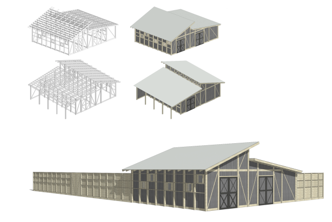 The shed for forage and machinery.Axonometry and overview.  Urban farm at VDNKh, 1st phase  WOWhaus