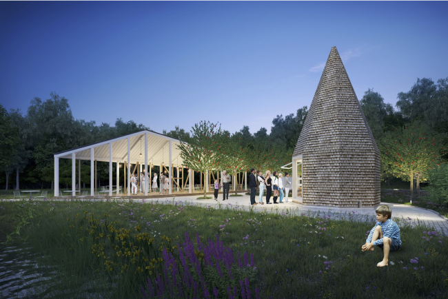 Cafe, "pencil", and awning. Urban farm at VDNKh, 1st phase � WOWhaus