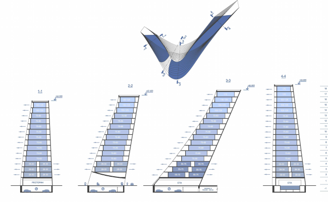 Radisson Blue hotel complex at the place of the confluence of the Moskva and Skhodnya rivers. Section views � Arch group