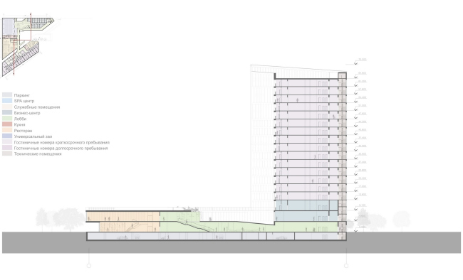 Contest project of Radisson Blu Moscow Riverside Hotel&SPA. Section view  "A.Len" architectural studio