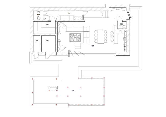 The project of "Forester Shack" guest house. Plan of the 1st floor � Roman Leonidov architectural bureau