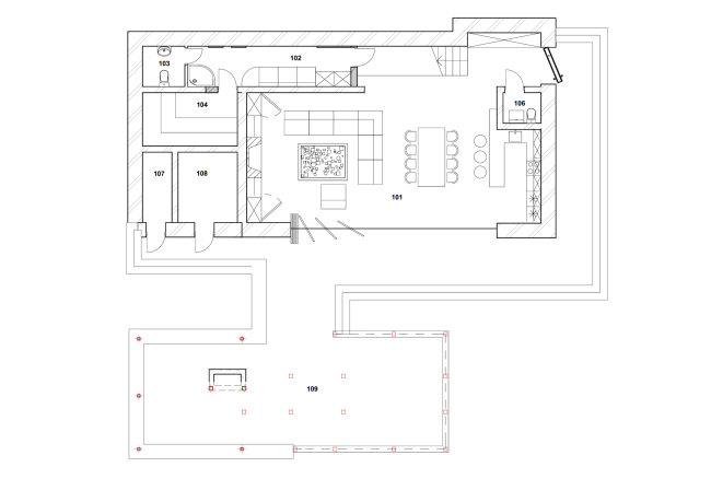 The project of "Forester Shack" guest house. Plan of the 1st floor  Roman Leonidov architectural bureau