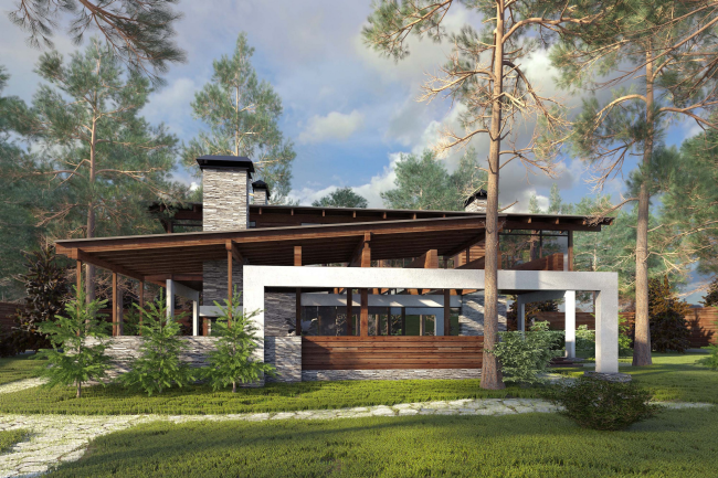 The project of "Forester Shack" guest house. View from the barbecue veranda side � Roman Leonidov architectural bureau