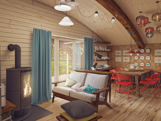 Hobbit Hall residence. Interior of the living room combined with a kitchen � Roman Leonidov Architectural Bureau