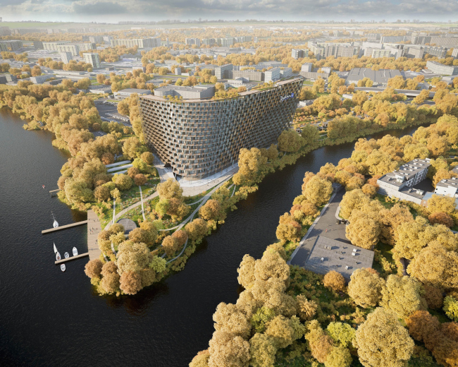 Гостиничный комплекс Radisson Blu на месте слияния Москвы-реки и реки Сходня. Вид с высоты птичьего полета © Arch group