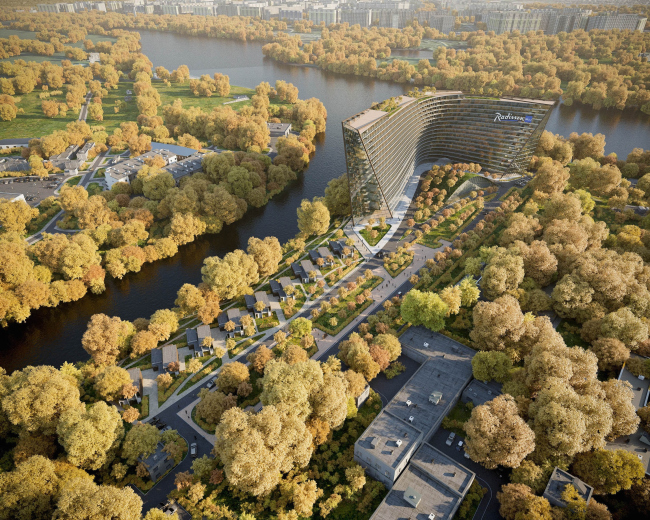 Radisson Blue hotel complex at the place of the confluence of the Moskva and Skhodnya rivers. Birds' height view  Arch group