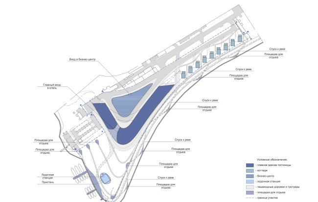 Radisson Blue hotel complex at the place of the confluence  of the Moskva and Skhodnya rivers. Layout of the pedestrian and recreational areas  Arch group