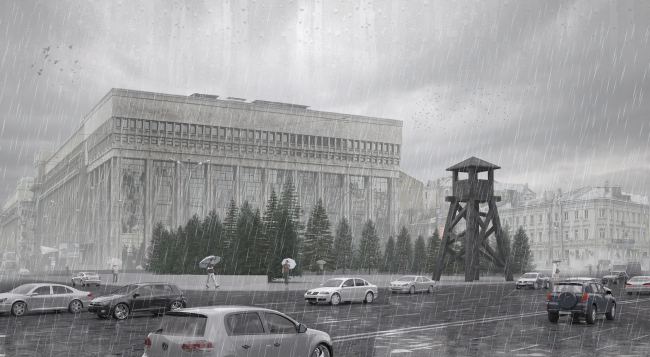 Project of the memorial to the victims of the political repressions on the Sakharov Avenue. Version 1: "Machine-gun tower"  Arch group