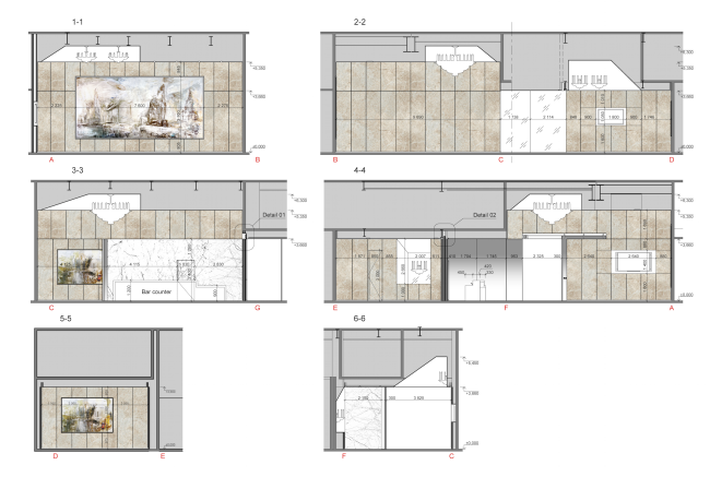 Renovating "Golden Circle Lounge" into "Russian Lounge" in the Kennedy Center of the Performing Arts. Section views � Sergey Skuratov ARCHITECTS