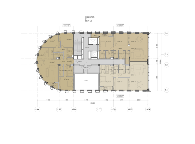 Multifunctional residential development in Khamovniki (Quarter 5 of "Sadovye Kvartaly" complex). Plan of the 17th floor of Building 5.1 � Sergey Skuratov Architects