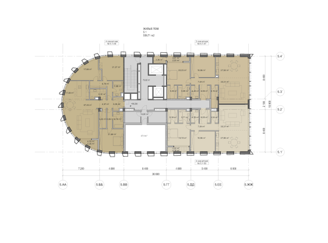 Multifunctional residential development in Khamovniki (Quarter 5 of "Sadovye Kvartaly" complex). Plan of the 17th floor of Building 5.1  Sergey Skuratov Architects