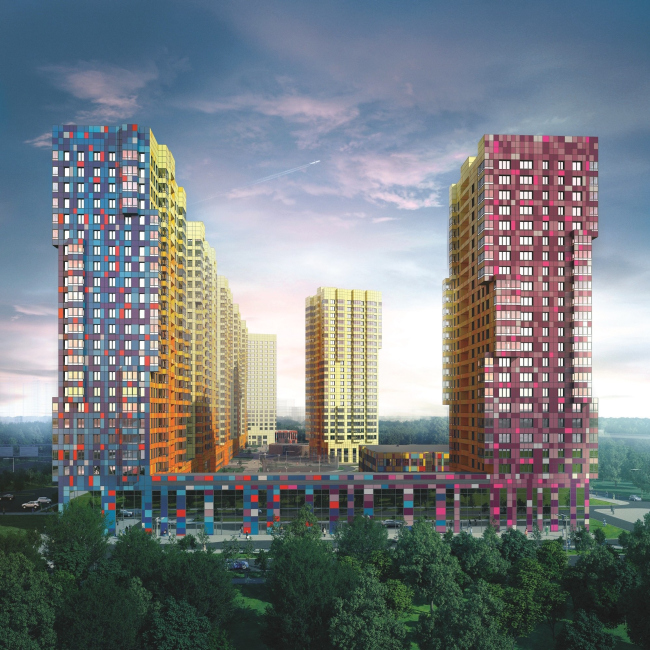 Multiapartment buildings on the Komendantsky Prospect. View from the Glukharskaya Street. Project, 2015 � Evgeny Gerasimov and Partners