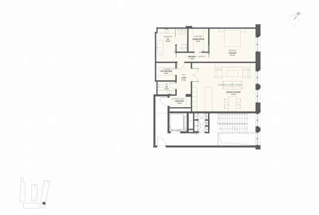 Multifunctional integrated development of the Sofiyskaya Embankment. Plan of the apartment with one bedroom  Sergey Skuratov ARCHITECTS