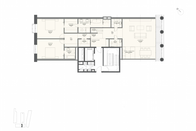 Многофункциональная комплексная застройка на Софийской набережной. План квартиры с 2 спальнями (тип 1) © Сергей Скуратов ARCHITECTS