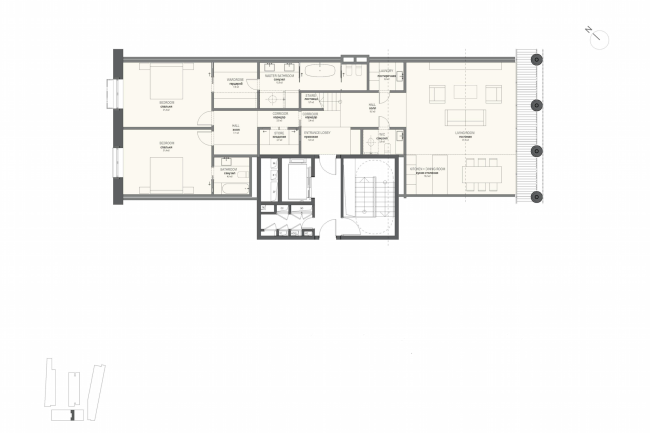 Multifunctional integrated development of the Sofiyskaya Embankment. Plan of the apartment with two bedrooms (Type 1)  Sergey Skuratov ARCHITECTS