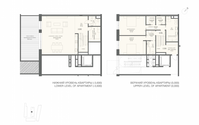 Multifunctional integrated development of the Sofiyskaya Embankment. Plan of the two-level apartment with two bedrooms  Sergey Skuratov ARCHITECTS