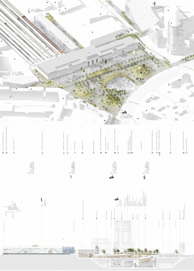 The project for a transfer hub �Paveletskaya". Axonomentry and section view. 2015 � WALL bureau
