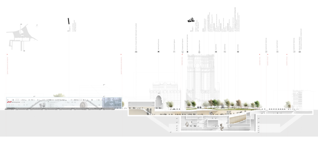 The project for a transfer hub Paveletskaya". Section view. 2015  WALL bureau
