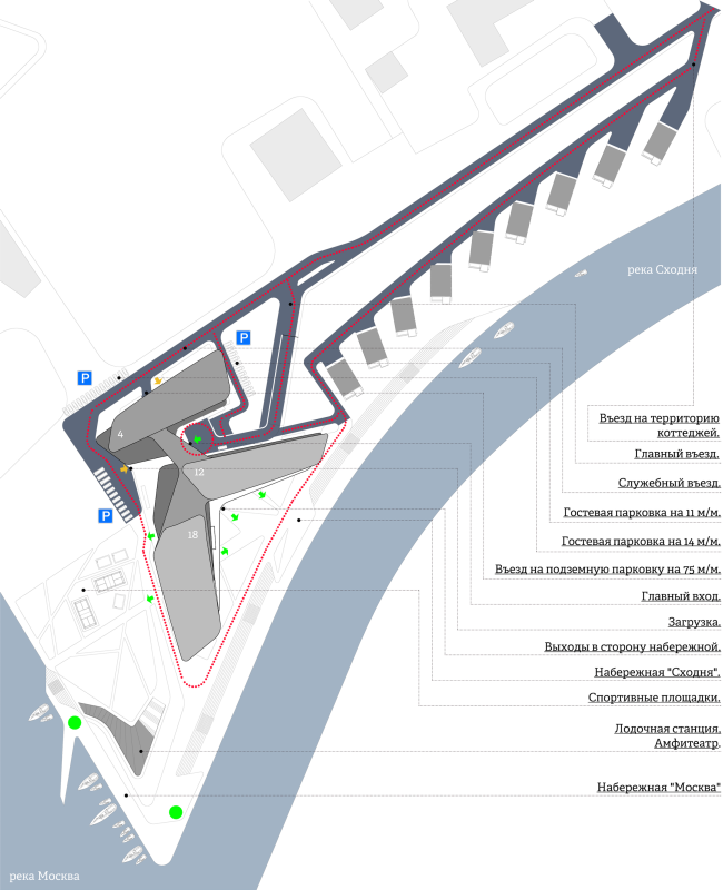 The concept of the hotel complex Radisson Blu Moscow Riverside. Driving and pedetrian flows layout � 4izmerenie
