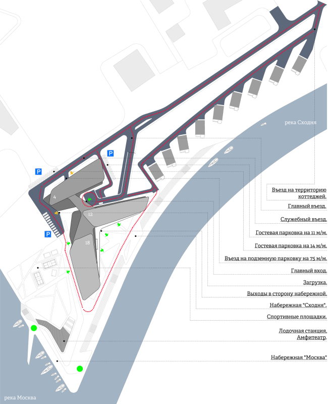 The concept of the hotel complex Radisson Blu Moscow Riverside. Driving and pedetrian flows layout  4izmerenie