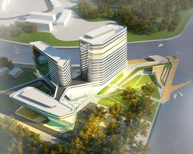 The concept of the hotel complex Radisson Blu Moscow Riverside. Bird's eye view © 4izmerenie