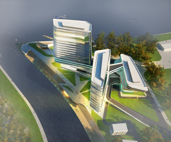 The concept of the hotel complex Radisson Blu Moscow Riverside. Bird's eye view  4izmerenie