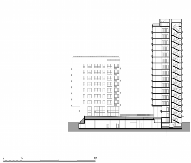 Residential complex in the proximity of the Nagatinsky Creek. Section view  Ostozhenka