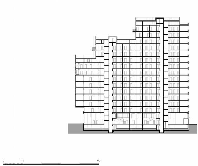 Residential complex in the proximity of the Nagatinsky Creek. Section view  Ostozhenka