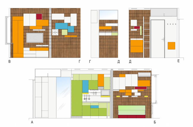 Design concept for efficiency apartments. Development drawing of "Multicolored" project  Arch group