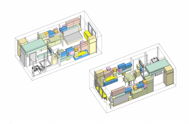 Design concept for efficiency apartments. Options for placing the furniture modules  Arch group