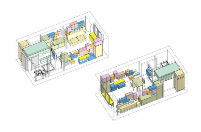 Design concept for efficiency apartments. Options for placing the furniture modules  Arch group
