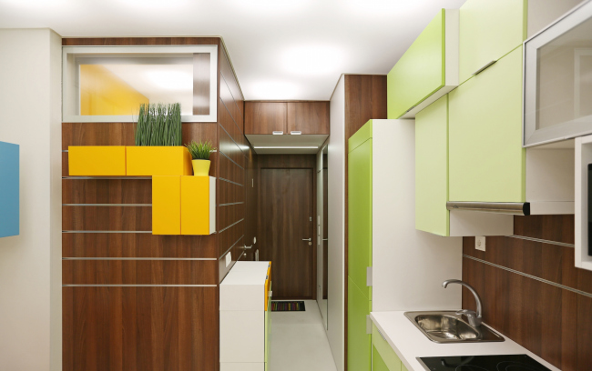 Design concept for efficiency apartments. Photographs � Arch group