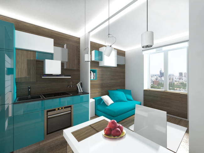 Design concept for efficiency apartments. Project in the blue colors  Arch group