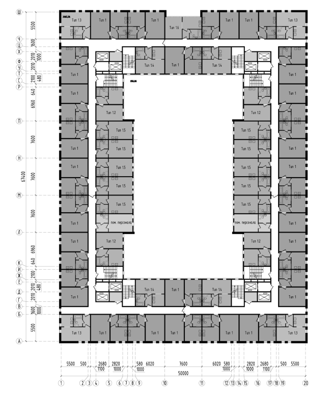 Apar-hotel at he Tallinskaya Street. Plan of the typical floor. Project 2013  A.A.Stolyarchuk Studio