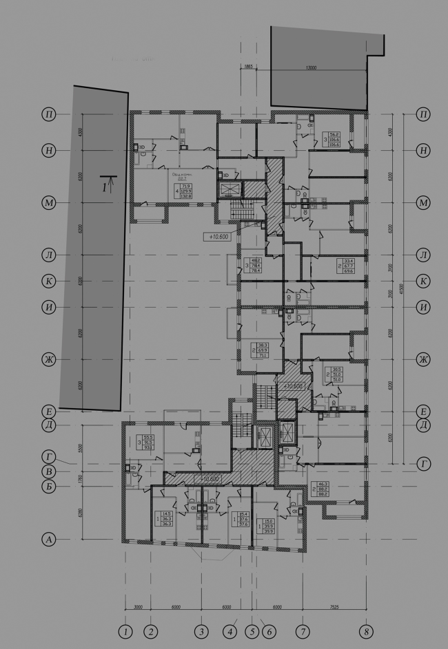 Многоквартирный дом на улице Мира. План типового этажа. Проект, 2014 © Архитектурная мастерская А.А. Столярчука