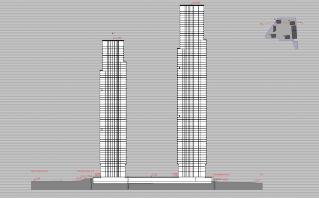 Multifunctional residential complex on the 5th Donskoy Proezd. 4 towers. Section view. Project, 2015  ABV Group