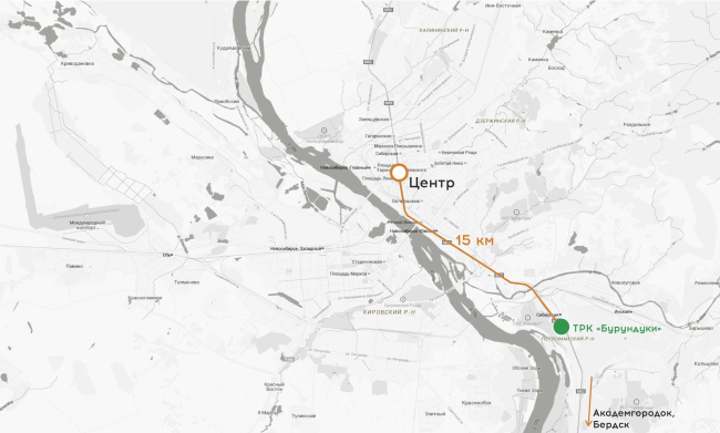 Shopping and entertainment complex "Burunduki". Location plan; distance to the center of the city. Project, 2015  ARKHIMATIKA