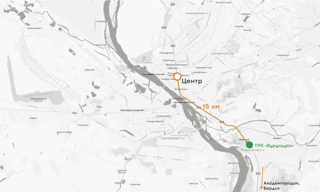 Shopping and entertainment complex "Burunduki". Location plan; distance to the center of the city. Project, 2015 � ARKHIMATIKA