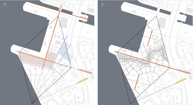 Concept of the integrated social and housing project on the Vasilyevsky Island. Diagram of town-planning axises. A.Len. Photo courtesy by "Glorax Development"