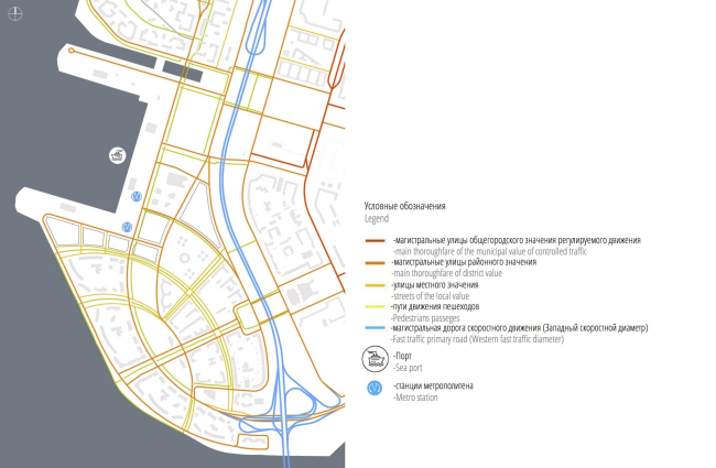 Concept of the integrated social and housing project on the Vasilyevsky Island. Transport diagram. A.Len. Photo courtesy by "Glorax Development"