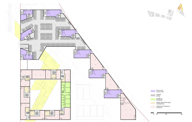 Concept of the integrated social and housing project on the Vasilyevsky Island. Plan of the first floor of Quarter 4 "Mistral". A.Len. Photo courtesy by "Glorax Development"