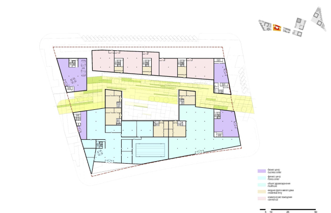 Concept of the integrated social and housing project on the Vasilyevsky Island. Plan of the first floor of Quarter 8 "Breeze". A.Len. Photo courtesy by "Glorax Development"