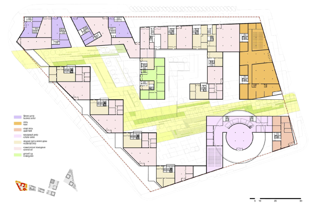 Concept of the integrated social and housing project on the Vasilyevsky Island. Plan of the first floor of Quarter 9 "Sirokko". A.Len. Photo courtesy by "Glorax Development"