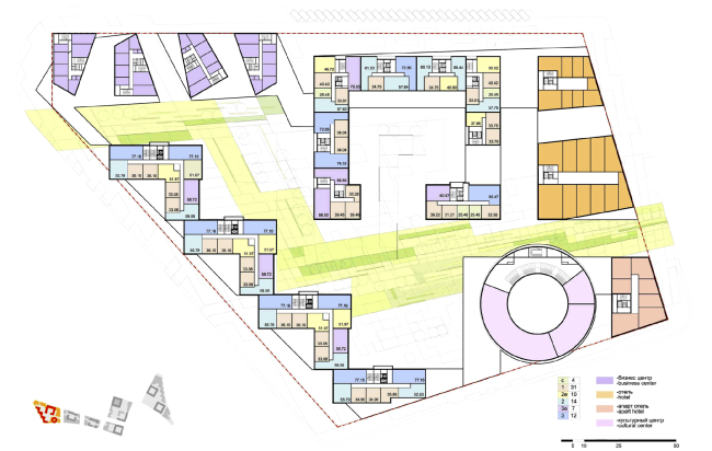 Concept of the integrated social and housing project on the Vasilyevsky Island. Plan of the typical floor of Quarter 9 "Sirokko". A.Len. Photo courtesy by "Glorax Development"