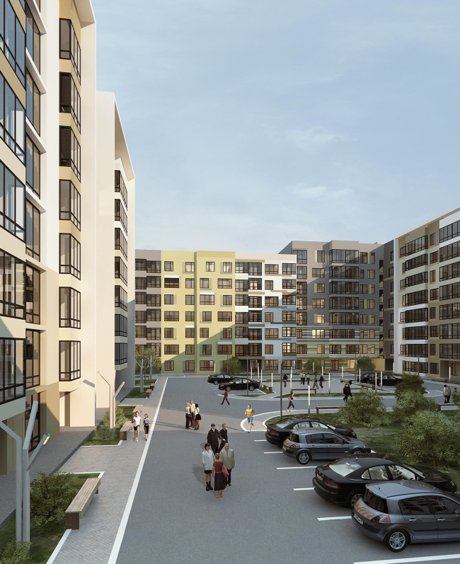 Options of the facade solutions for the residential quarter in the town of Vidnoe. Option 4. Project, 2015 � PANACOM